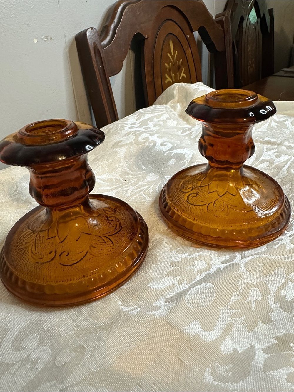 Vintage Tiara Amber Glass Candlestick Holders